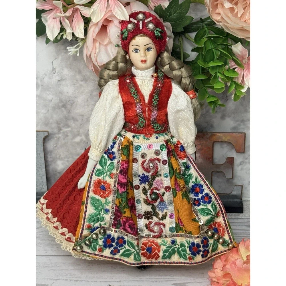 Vintage Folk Ethnic Female Doll Handmade Beaded Clothes Hat Braided Hair 10